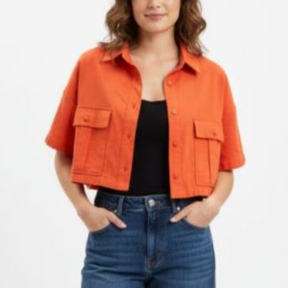 Idem Ditto NWOT Orange Linen Blend Cropped Button-Front SS Collared Shirt Size M - Picture 1 of 10